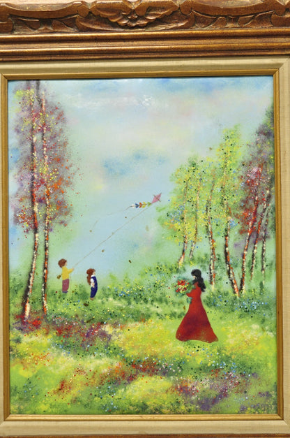 Vintage Louis Cardin Enamel on Copper Painting Framed "Woman with Boys & Kite"