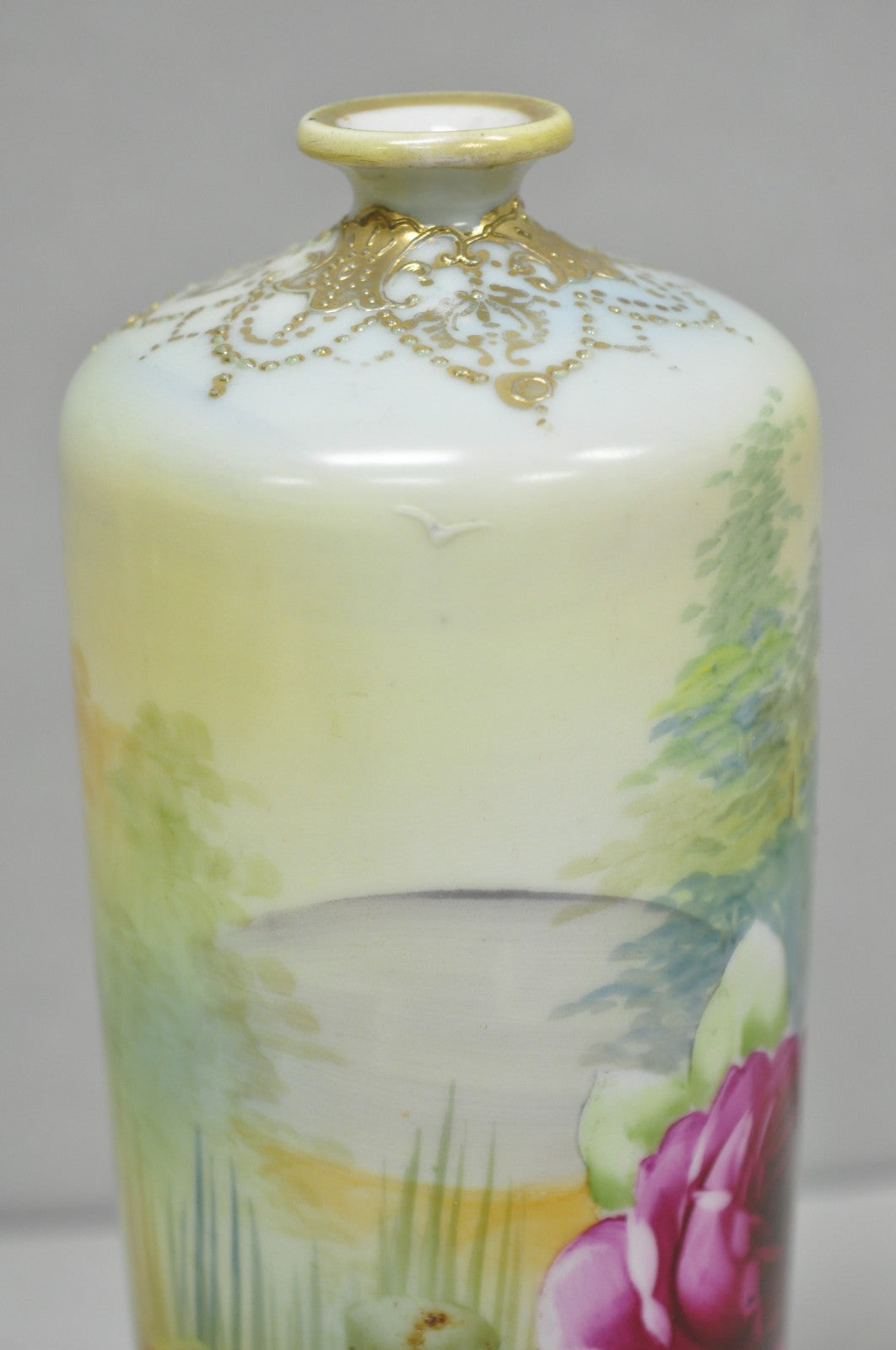 Antique Nippon Hand Painted Pink Rose & Lake Scene Small Porcelain Cylinder Vase