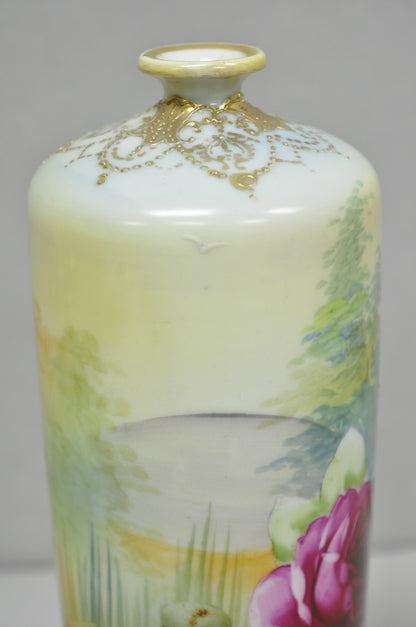Antique Nippon Hand Painted Pink Rose & Lake Scene Small Porcelain Cylinder Vase