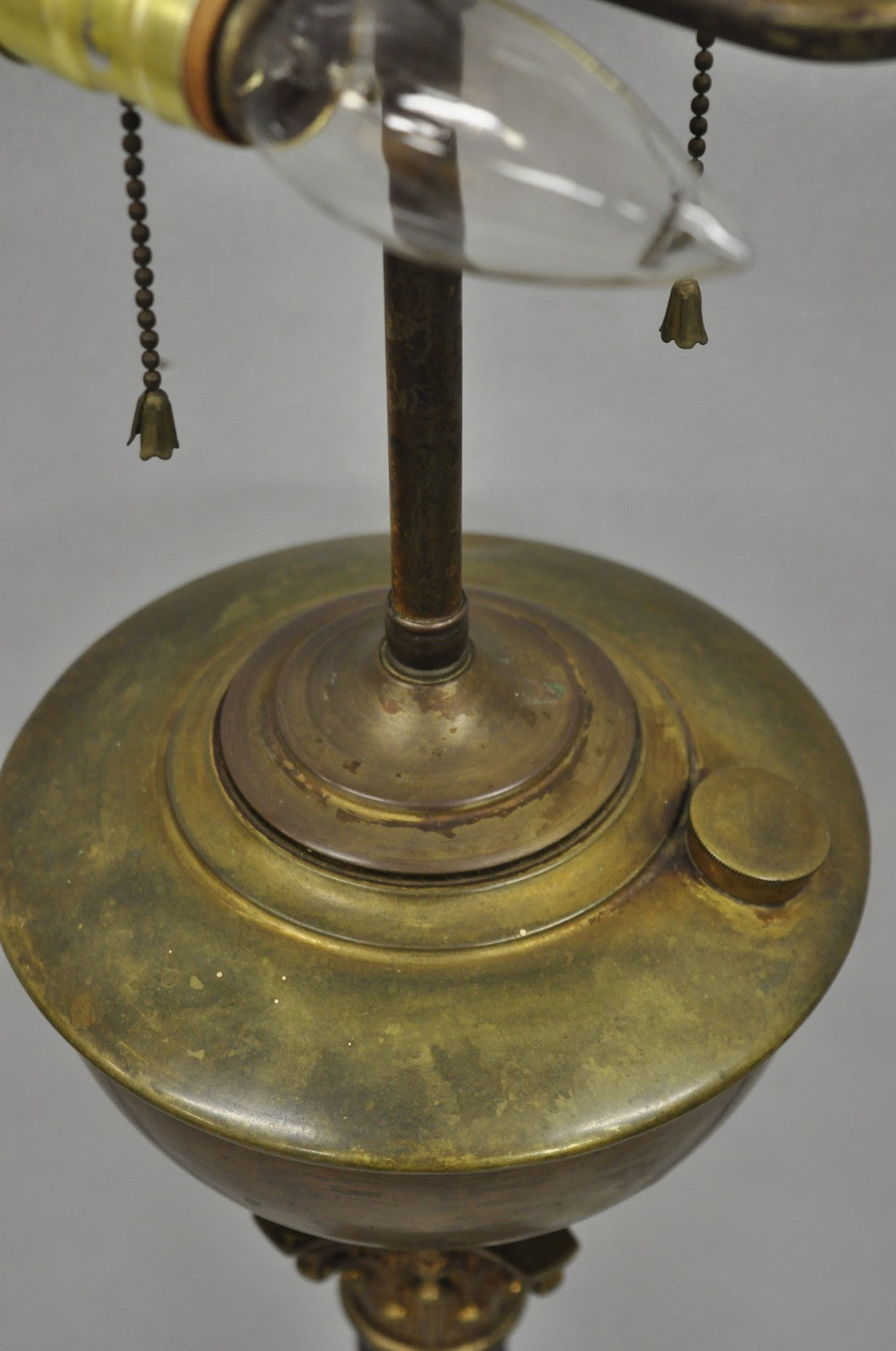 Antique French Empire Brass Converted Oil Lamp Mahogany Wood Column Table Lamp