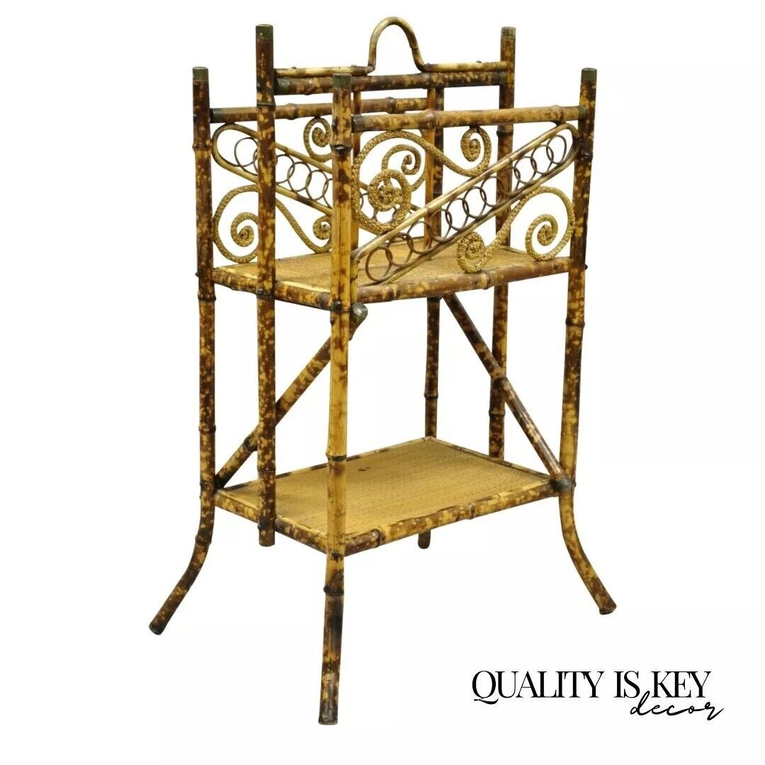 Antique English Victorian Charred Burnt Bamboo Magazine Rack Stand Shelf