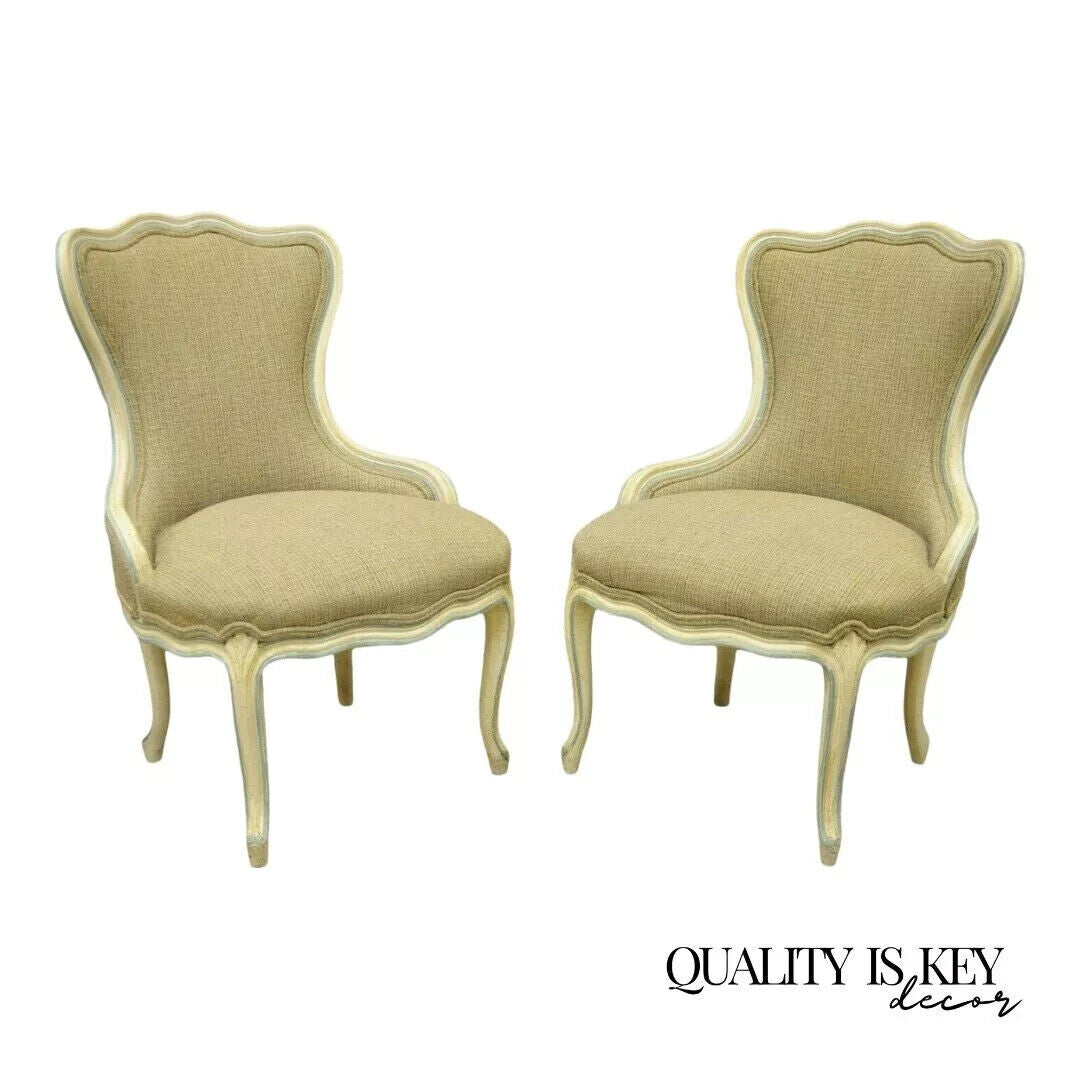 Vintage French Provincial Louis XV Cream Blue Boudoir Slipper Chairs - a Pair