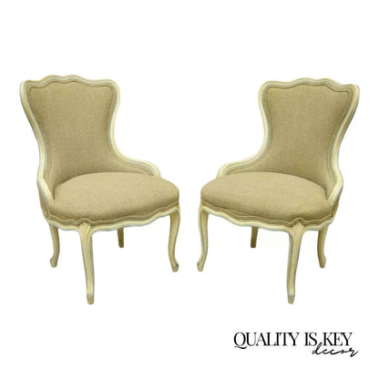 Vintage French Provincial Louis XV Cream Blue Boudoir Slipper Chairs - a Pair