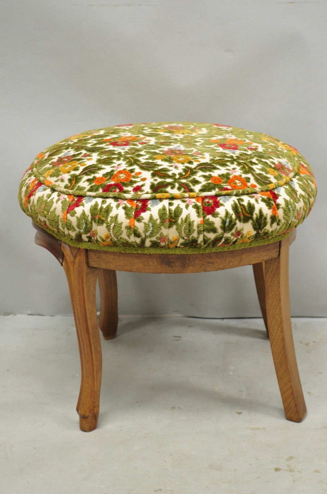 Vintage French Country Provincial Style Walnut Round Seat Vanity Bench Stool