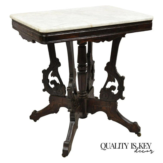 Antique Eastlake Victorian Marble Top Carved Walnut Parlor Accent Side Table