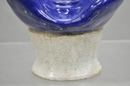 Vintage Mid Century Modern Blue Glaze Ceramic Pottery World Globe Face Sculpture