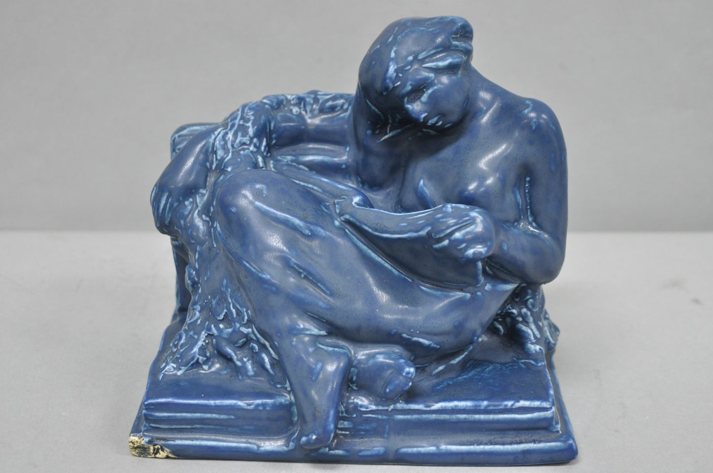Antique Rookwood Blue Glazed Ceramic Nude Female Figure Reading Book Bookend