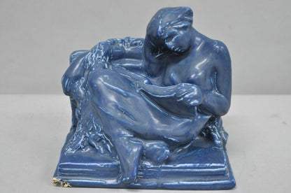 Antique Rookwood Blue Glazed Ceramic Nude Female Figure Reading Book Bookend