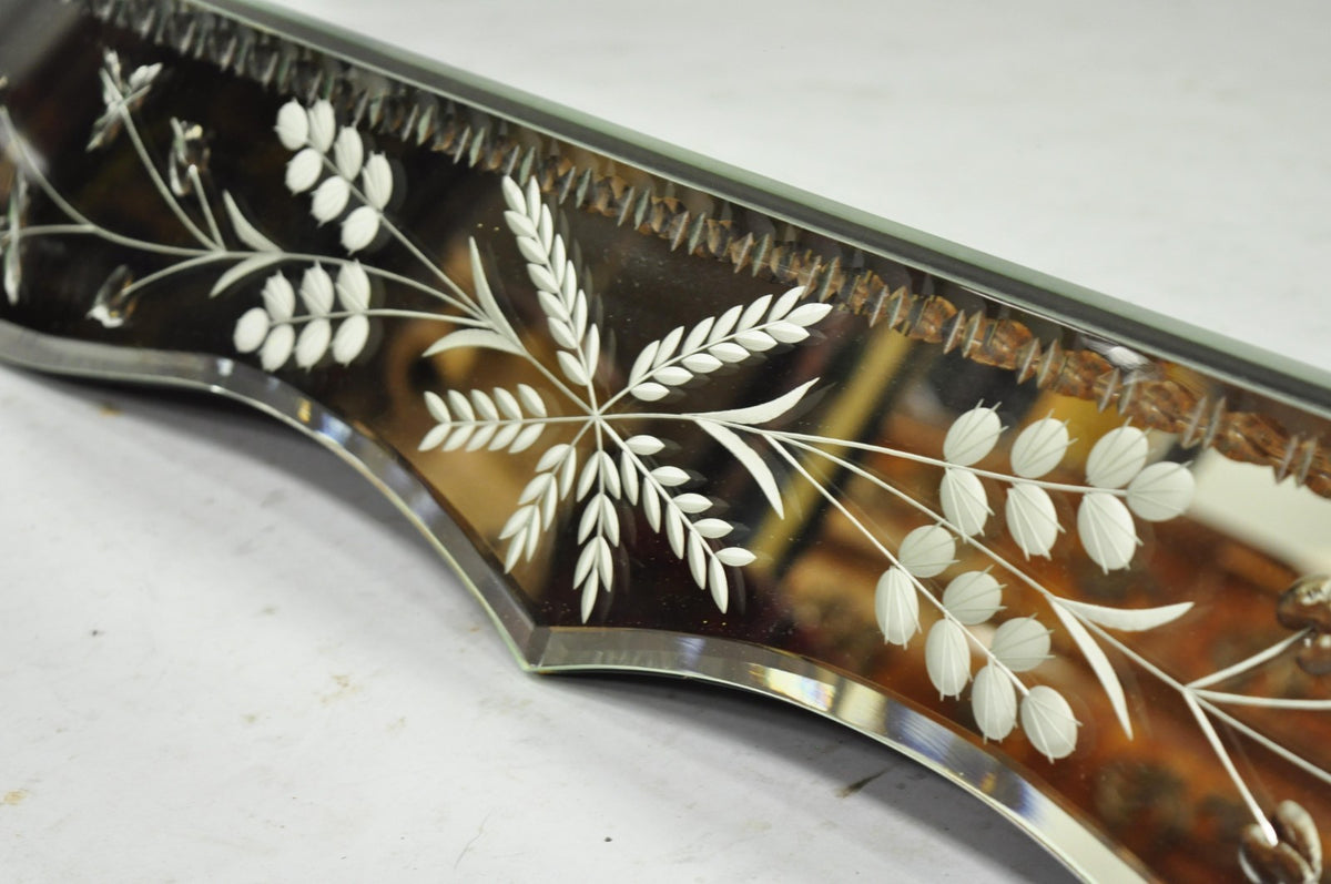 Vintage Venetian Art Deco Scalloped Edge Floral Etched Glass Large Wall Mirror