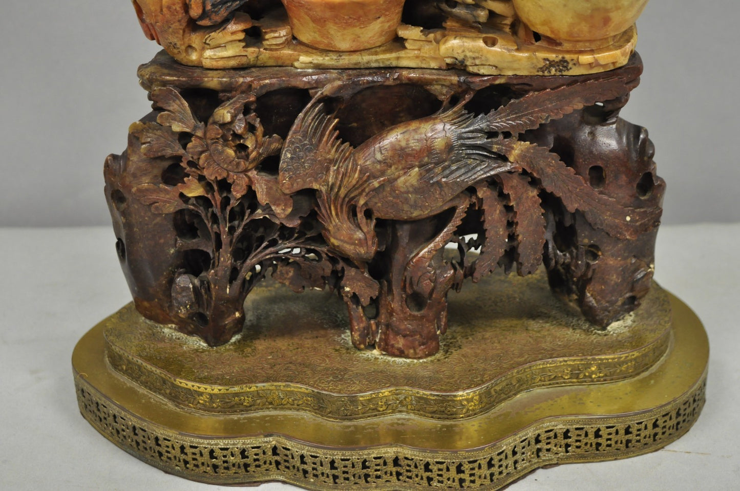 Antique Chinese Figural Carved Soapstone Large Table Lamp w/ Birds & Flowers