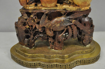 Antique Chinese Figural Carved Soapstone Large Table Lamp w/ Birds & Flowers