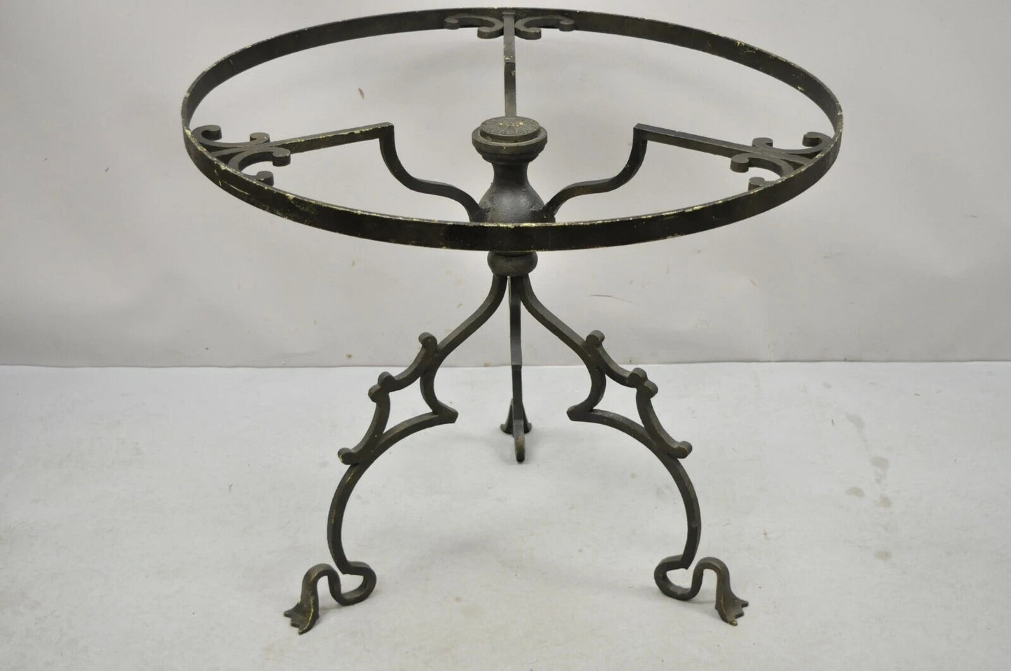Vintage Gothic Style Wrought Iron Scrolling Base Round Glass Top Center Table