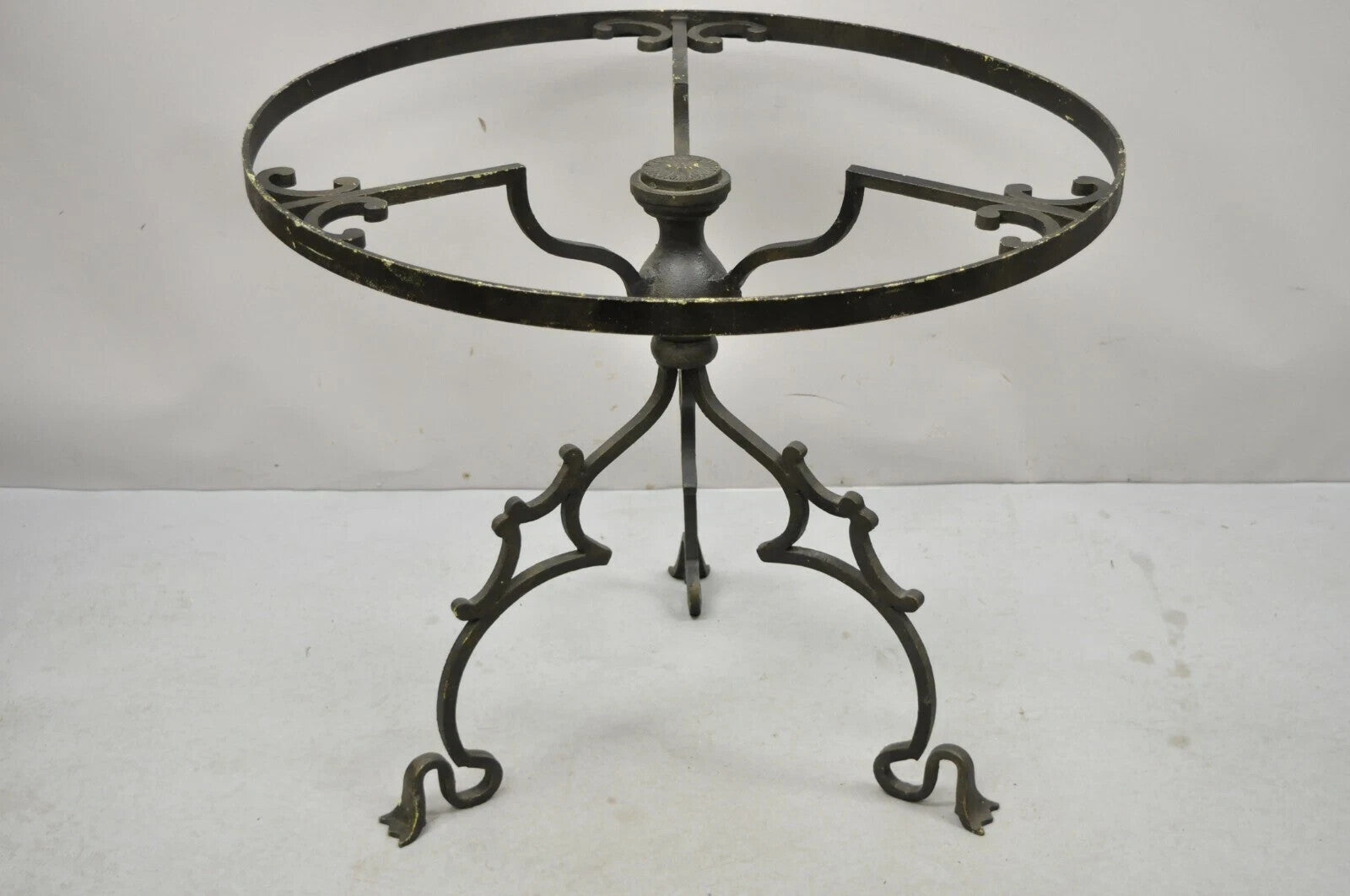 Vintage Gothic Style Wrought Iron Scrolling Base Round Glass Top Center Table