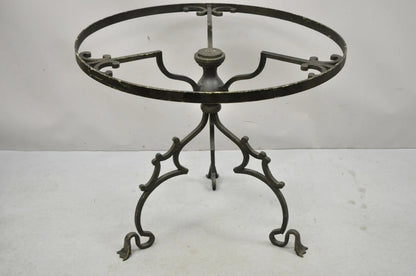 Vintage Gothic Style Wrought Iron Scrolling Base Round Glass Top Center Table