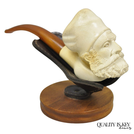 Vintage Turkish Meerschaum Figural Hand Carved Bearded Man Pipe on Walnut Stand