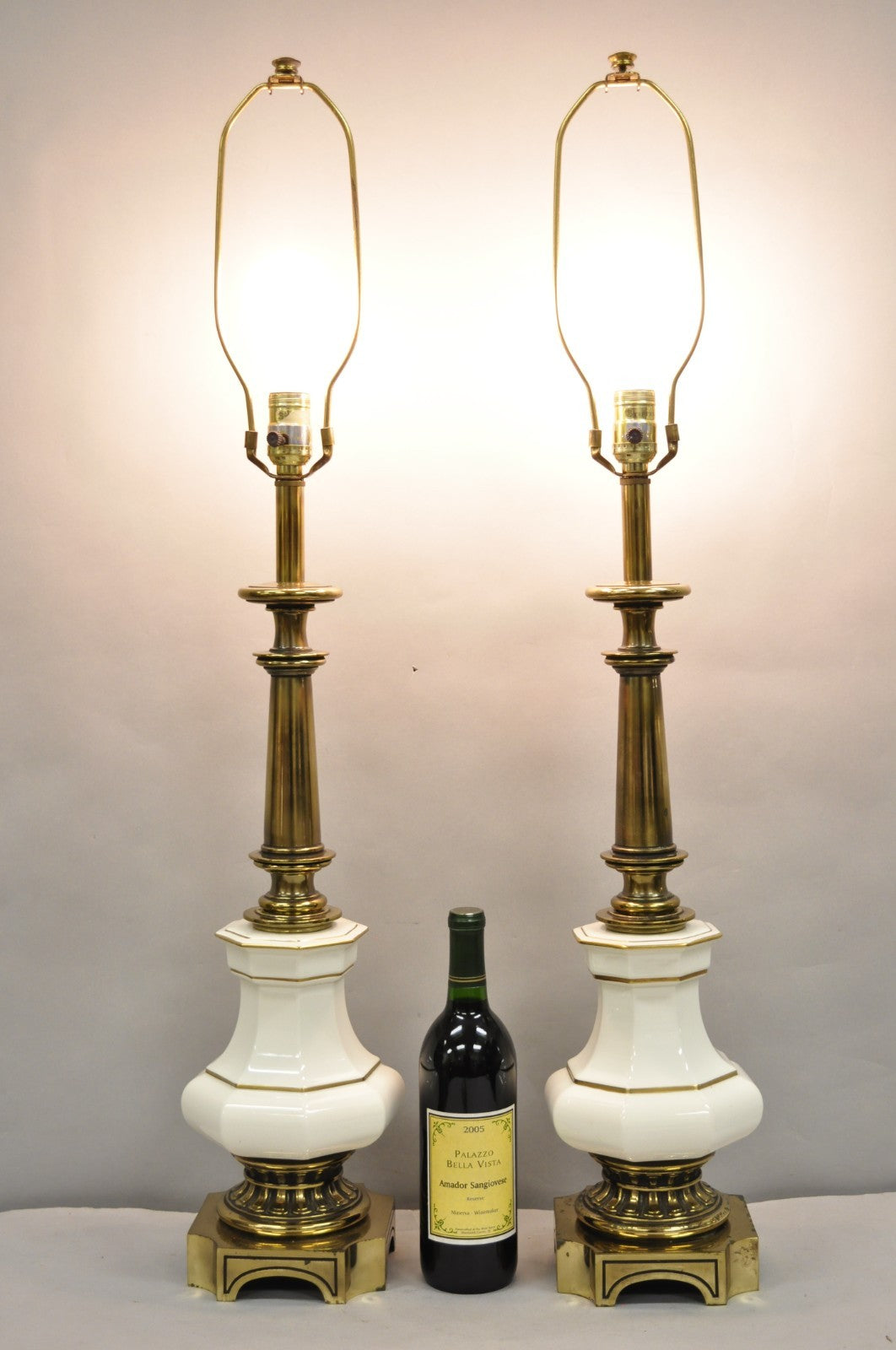 Vintage Stiffel Empire Style Burnished Brass & Porcelain Table Lamps (C) - Pair