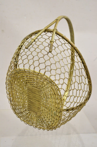 Vintage Solid Brass Wire Metal Hollywood Regency Hand Woven Basket With Handle