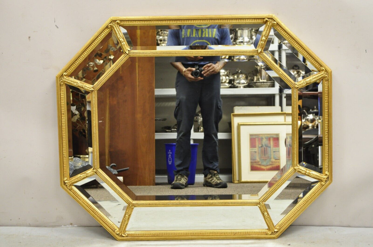 Vintage French Regency Style Octagonal Gold Tone Beveled Glass Wall Mirror