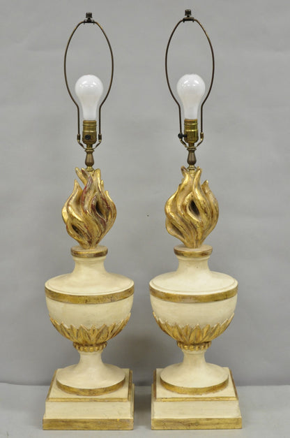 Vintage Italian Hollywood Regency Carved Wood "Burning Flame" Table Lamps - Pair