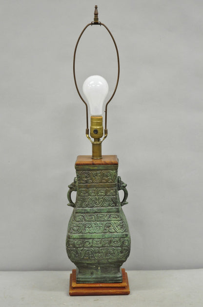 Vintage Oriental Verdigris Green Archaic Bronze Figural Chinese Table Lamp