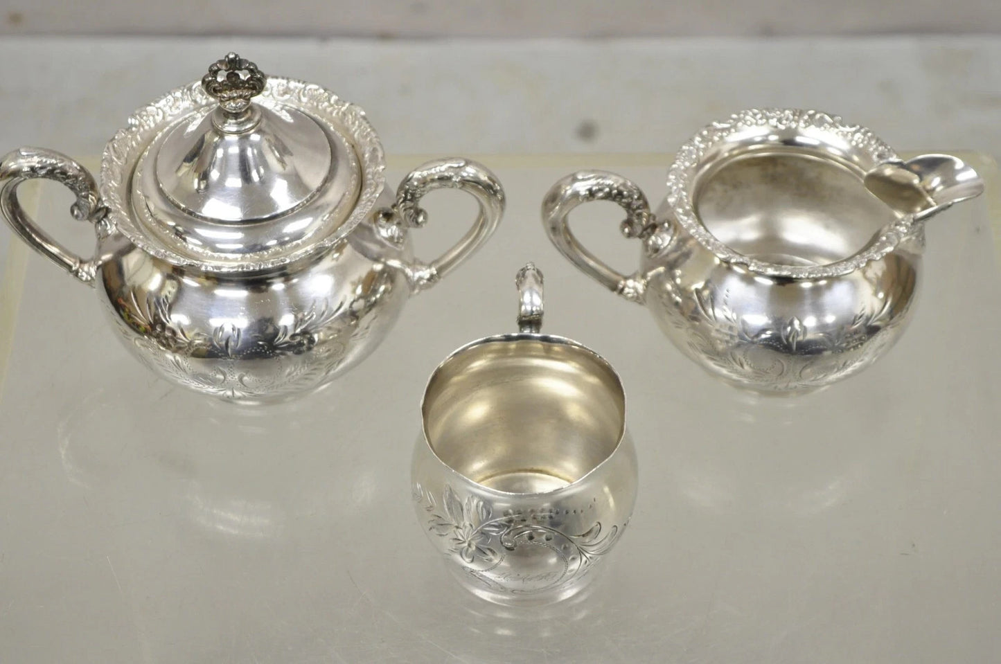 Antique Van Bergh Silver Plated Victorian Tea Serving Set w/ Monogram - 3 Pc Set