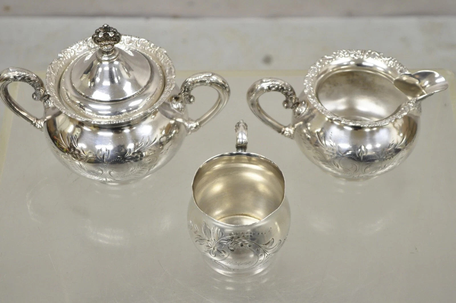 Antique Van Bergh Silver Plated Victorian Tea Serving Set w/ Monogram - 3 Pc Set