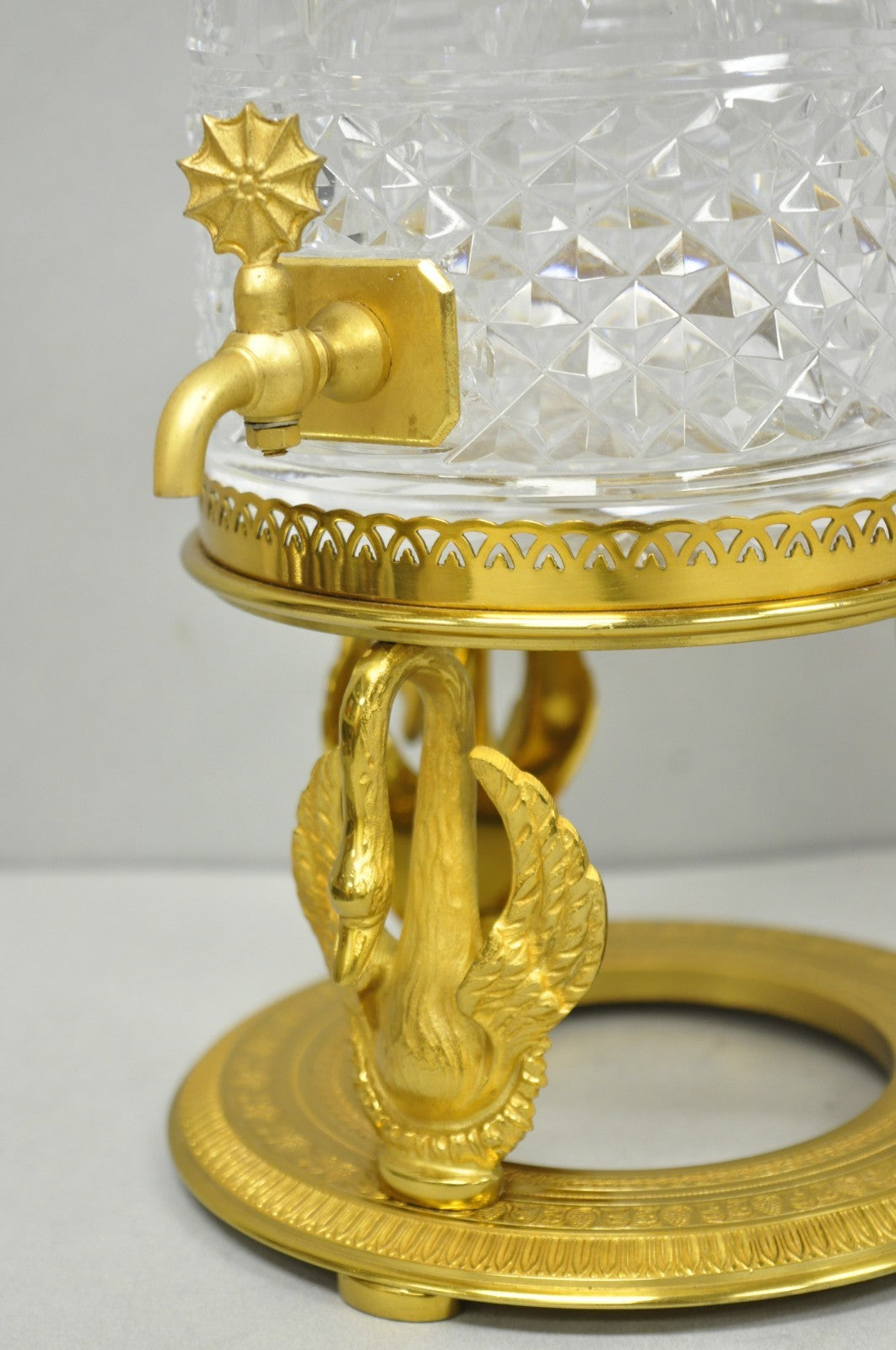 Vintage French Baccarat Style Bronze Swan & Cut Crystal Glass Liquor Decanter