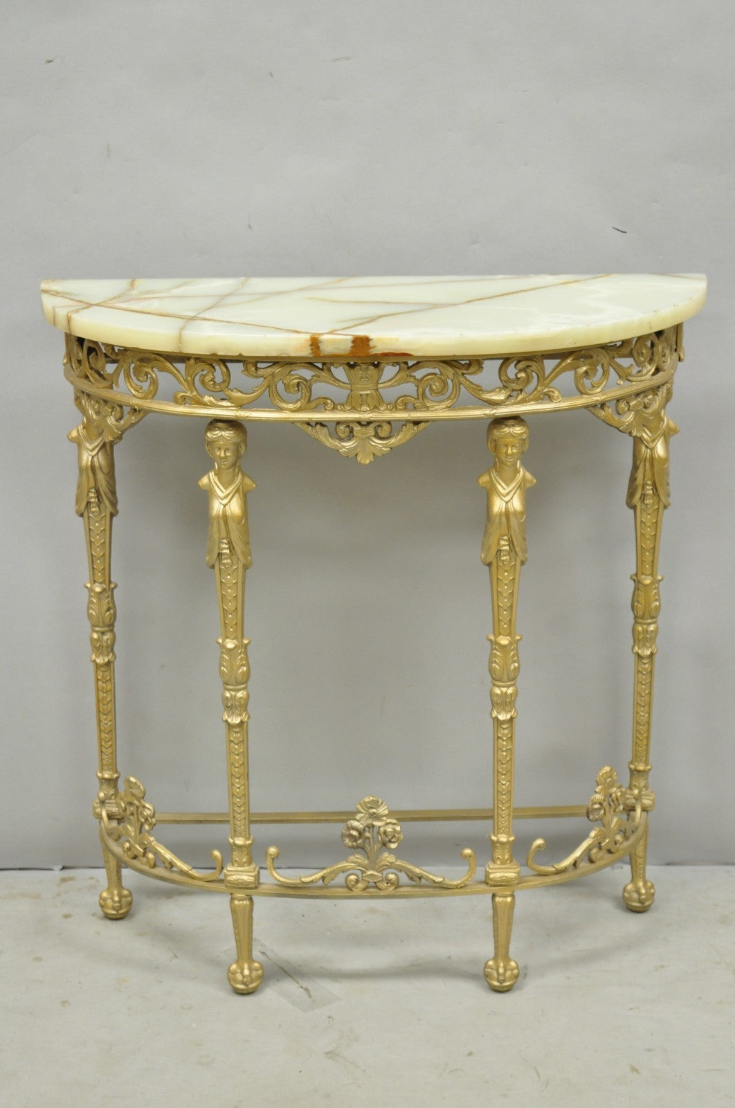 Antique Gothic Revival Oscar Bach Style Figural Bronze & Onyx Gold Console Table