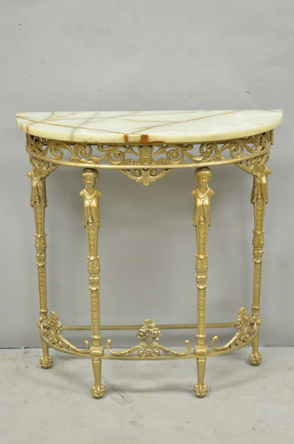 Antique Gothic Revival Oscar Bach Style Figural Bronze & Onyx Gold Console Table