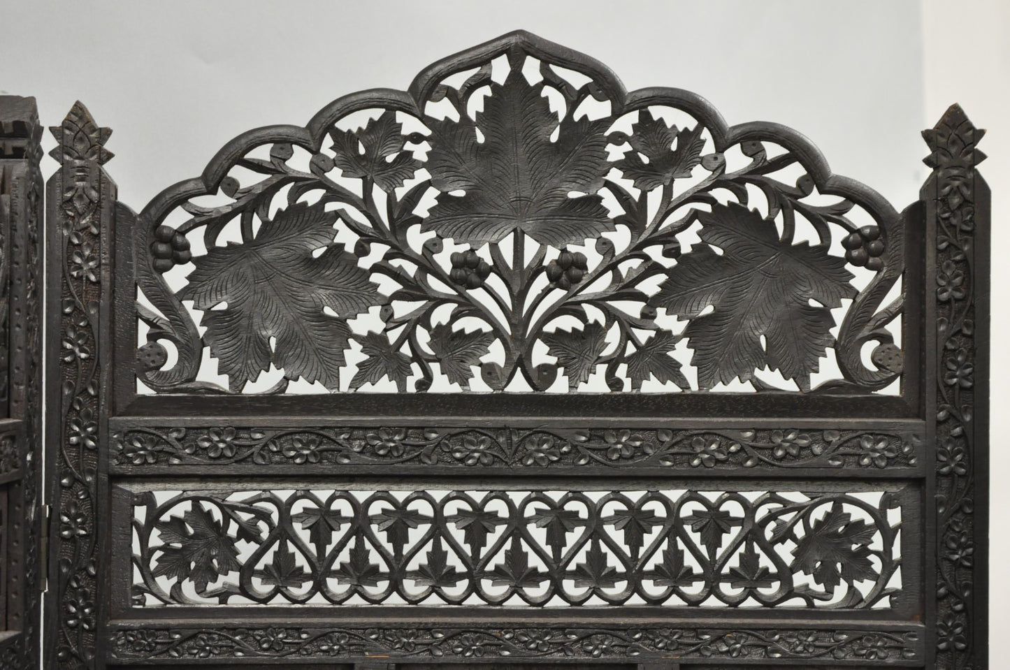 Vintage Anglo Indian Carved Teak Wood 4 Panel Room Divider Folding Screen