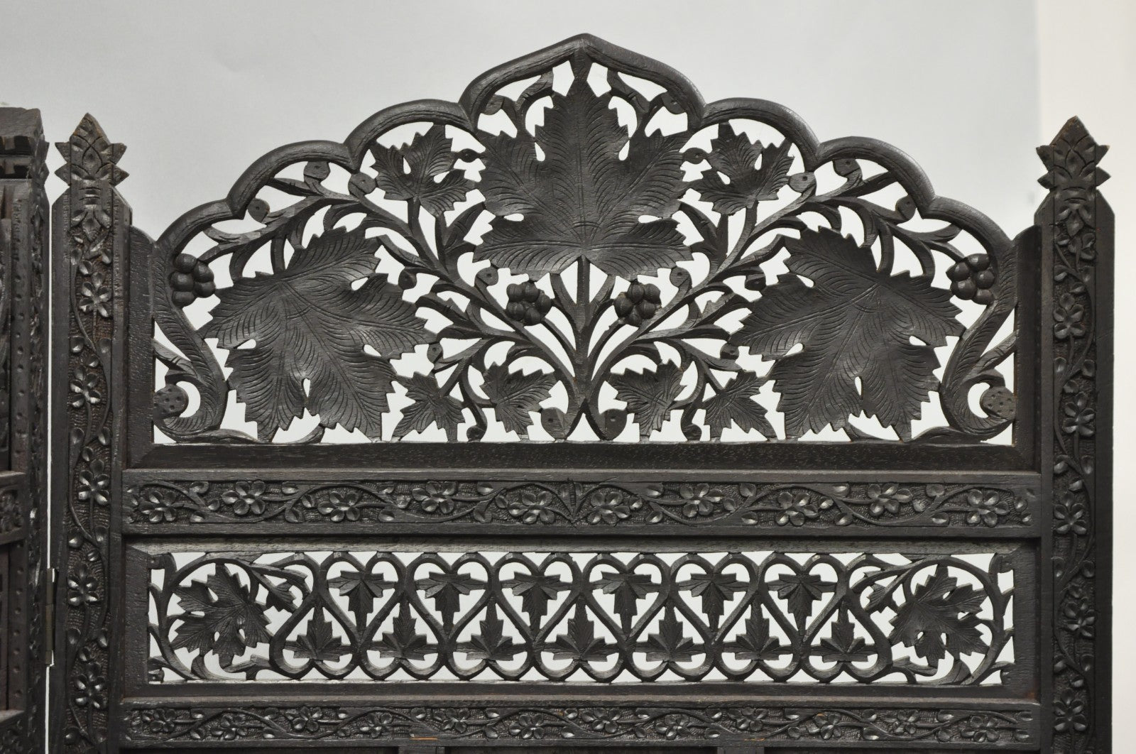 Vintage Anglo Indian Carved Teak Wood 4 Panel Room Divider Folding Screen