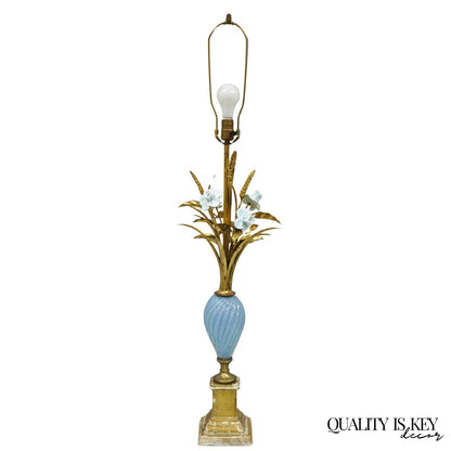 Italian Hollywood Regency Blue Murano Glass Gold Leaf Wheat Sheaf Table Lamp