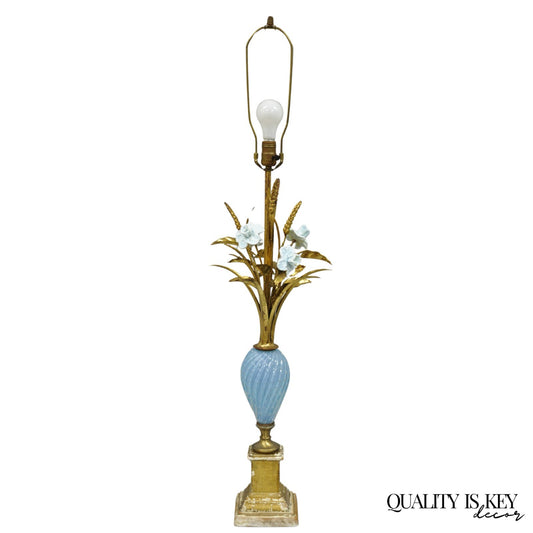 Italian Hollywood Regency Blue Murano Glass Gold Leaf Wheat Sheaf Table Lamp