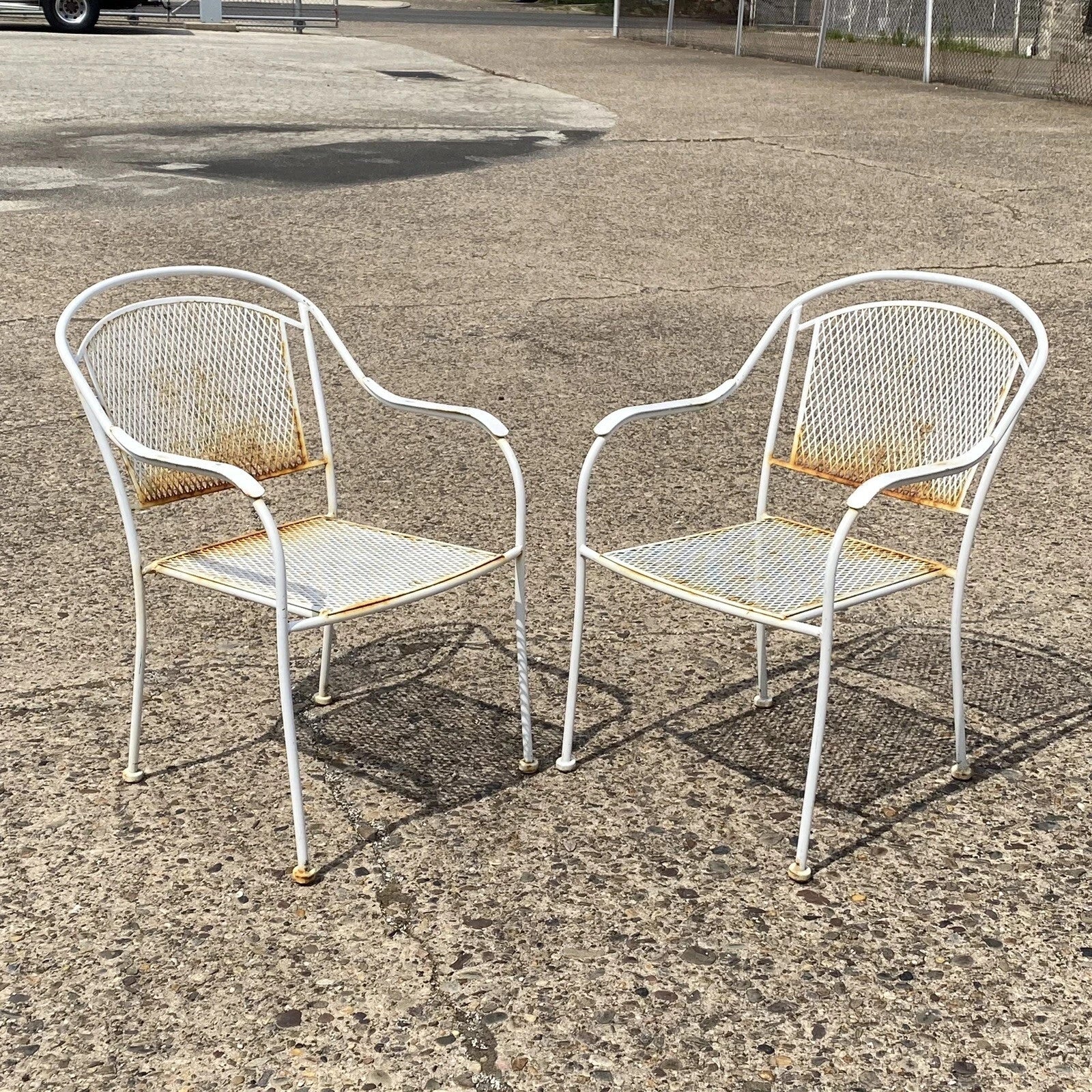 Vintage Modern Wrought Iron Sculptural Outdoor Patio Stacking Arm Chairs - Set 4