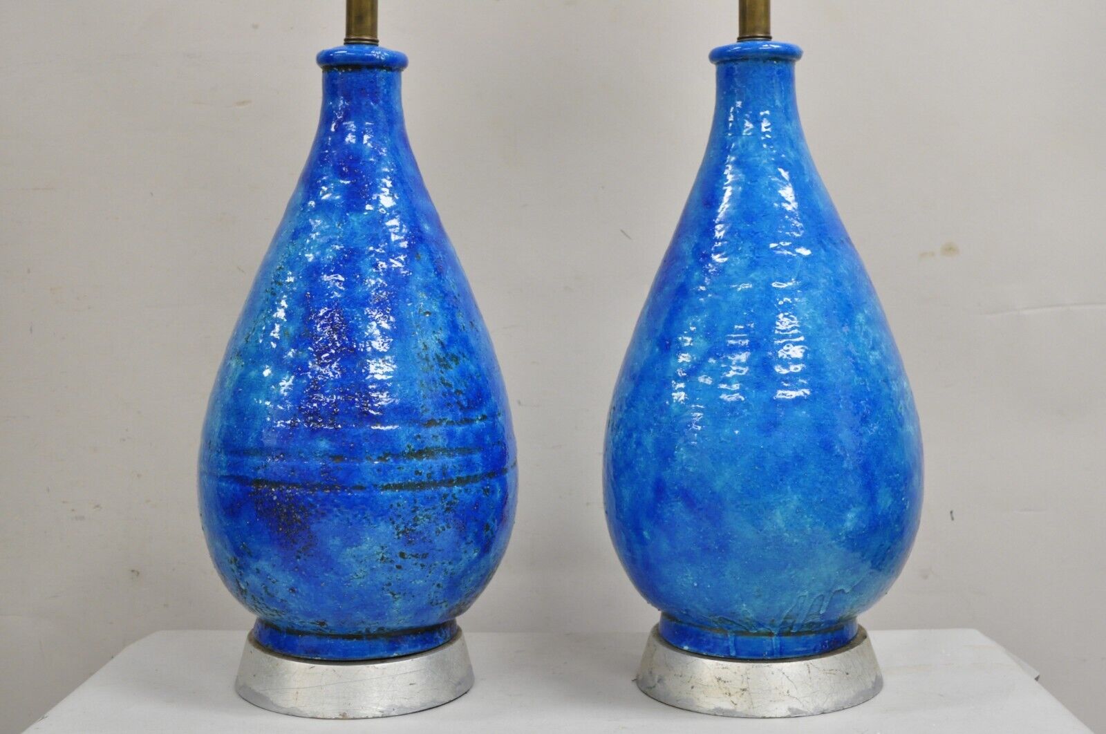 Large Italian Mid Century Modern Blue Lava Glazed Ceramic Table Lamps - a Pair