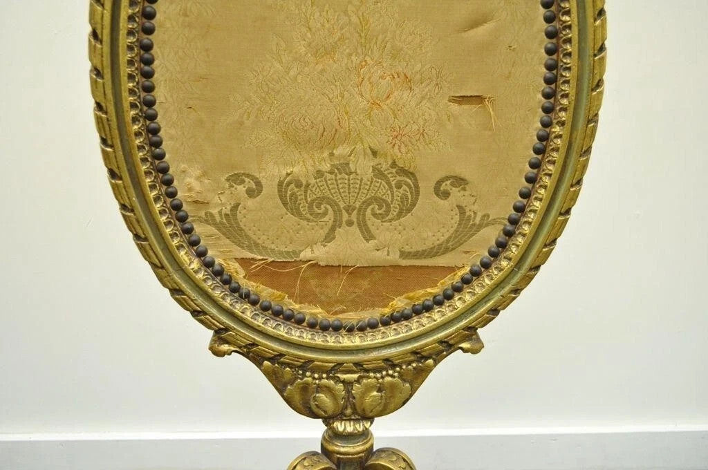 Antique French Louis XVI XV Carved Giltwood Green & Gold Oval Fireplace Screen