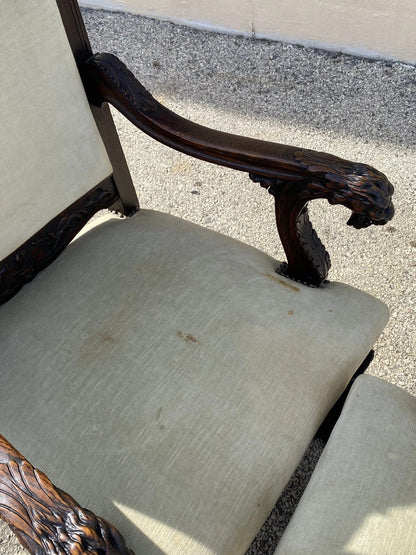 RJ Horner Attr Renaissance Figural Lion Carved Oak Wood Dining Chairs - Set of 6