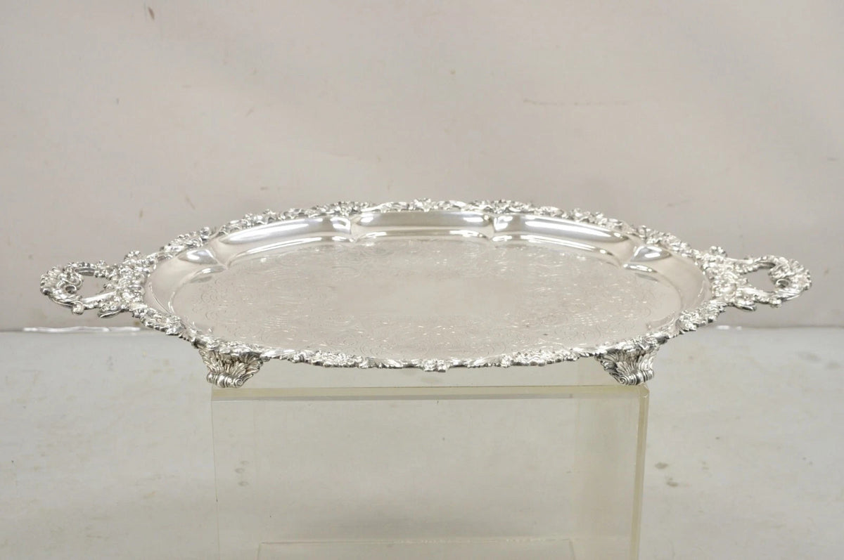 Antique Victorian English Sheffield Ornate Oval Footed Serving Platter Bar Tray