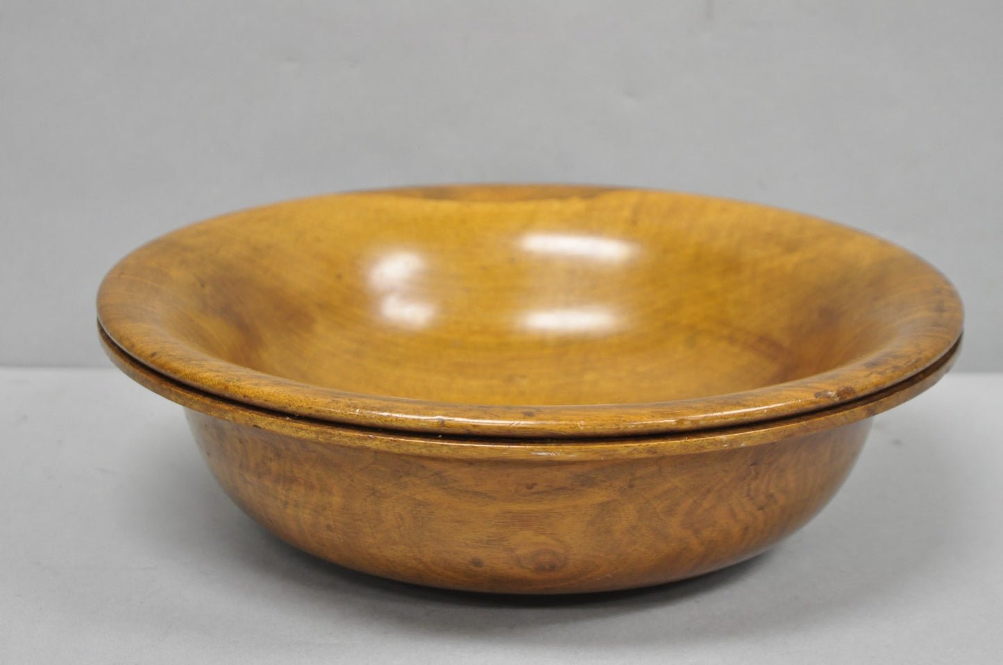 Vintage Mid Century Modern Turn Carved Double Rim Walnut Wooden Salad Fruit Bowl