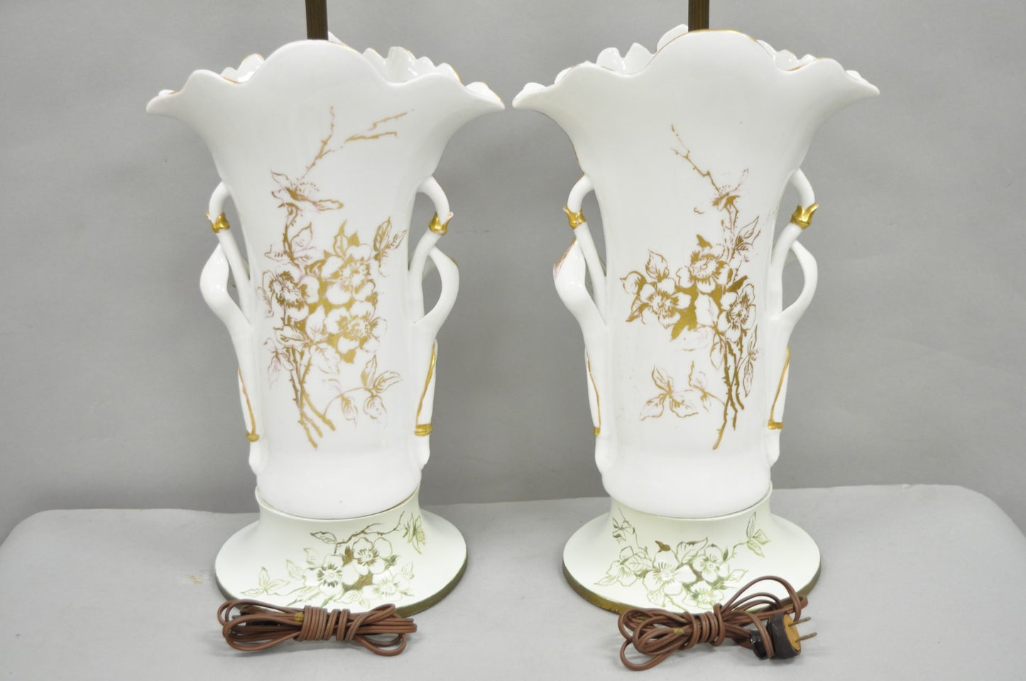 Antique Art Nouveau Austrian Porcelain Painted French Floral Table Lamps, a Pair