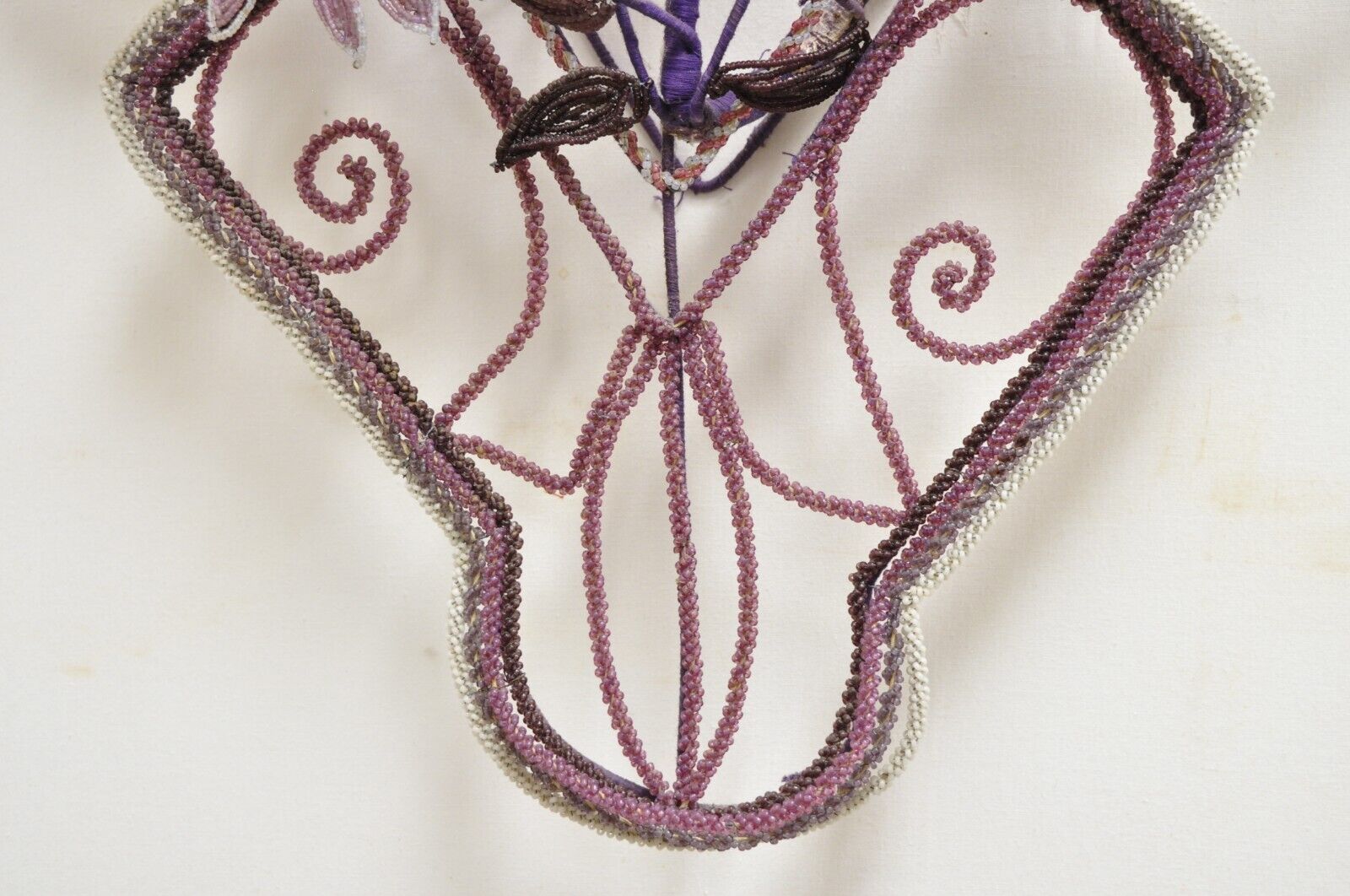 French Victorian Glass Beaded Purple Flower Casket Wreath Wall Sculpture (B)