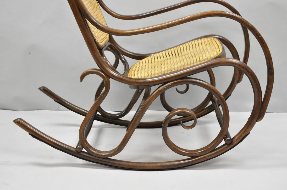 Vintage Mid Century Modern Thonet Style Bentwood & Cane Rocker Rocking Chair (A)