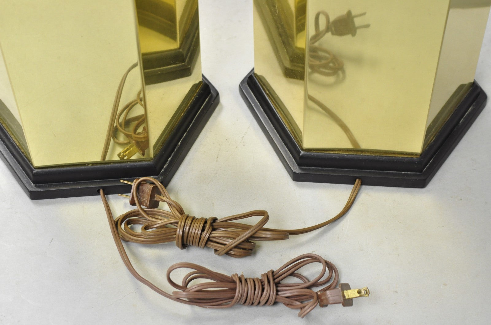 Vintage Chinoiserie Brass Hexagonal Oriental Ginger Jar Table Lamps - a Pair