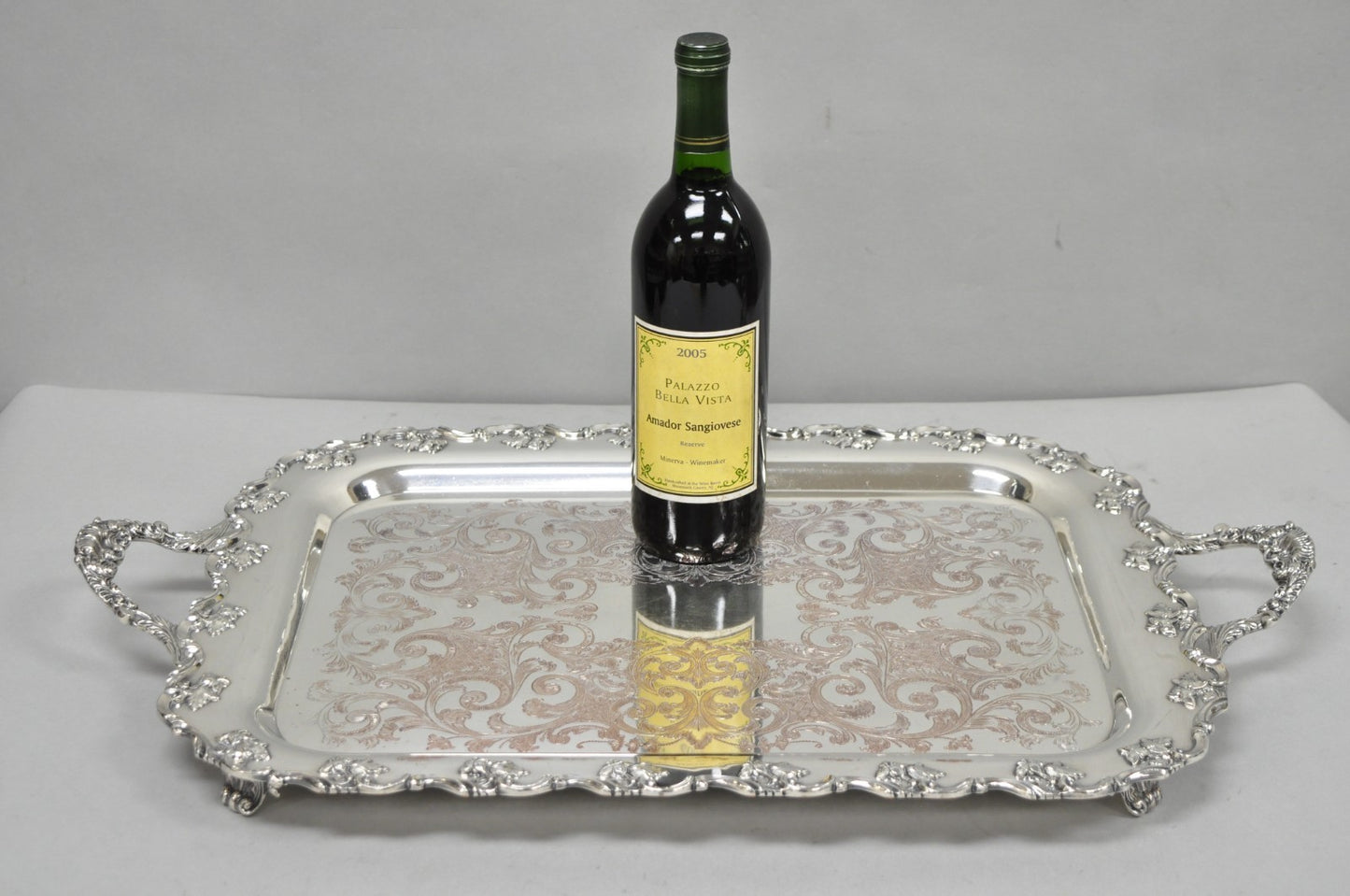 Vintage English Victorian Silver Plated Ornate Footed Serving Platter Bar Tray