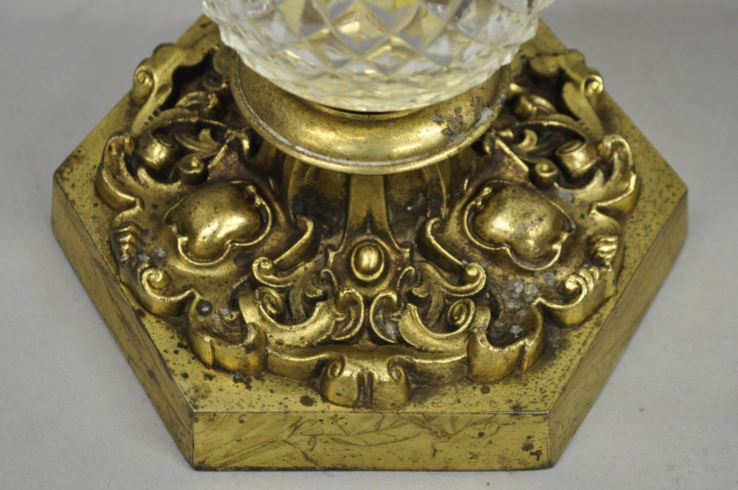 Vintage French Empire Brass & Crystal Glass Column "Oil Lamp" Table Lamps, Pair