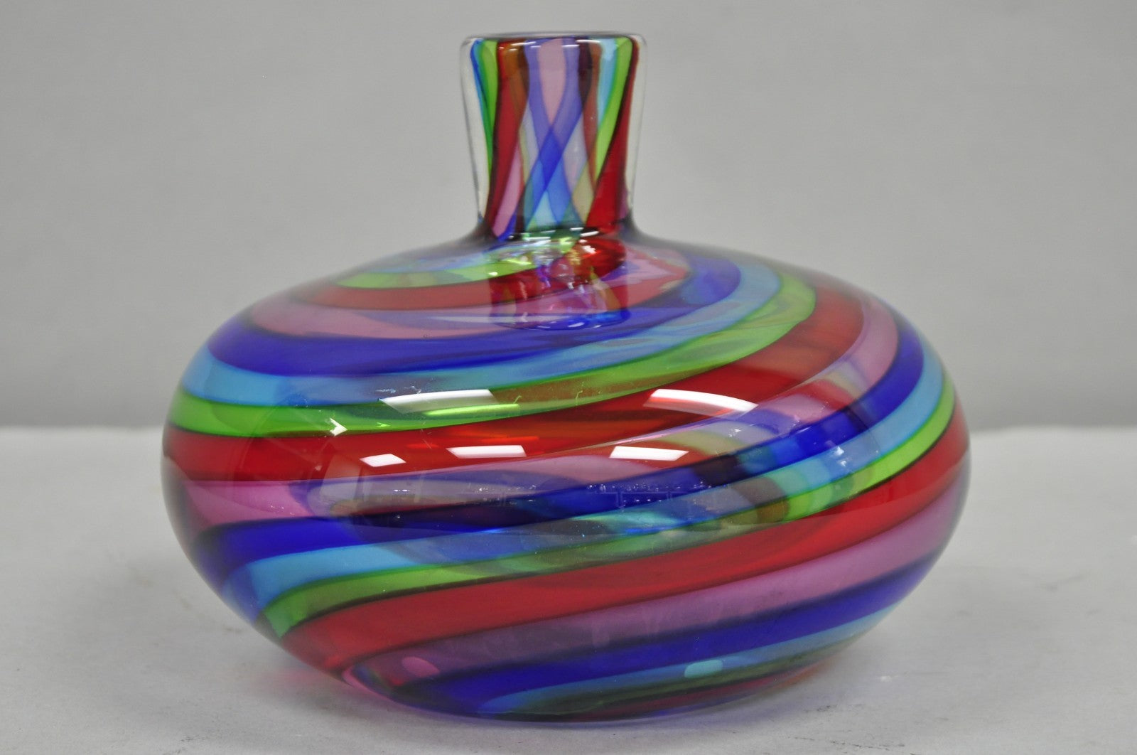 Vintage Mid Century Modern Italian Murano Style Rainbow Swirl Glass Vase