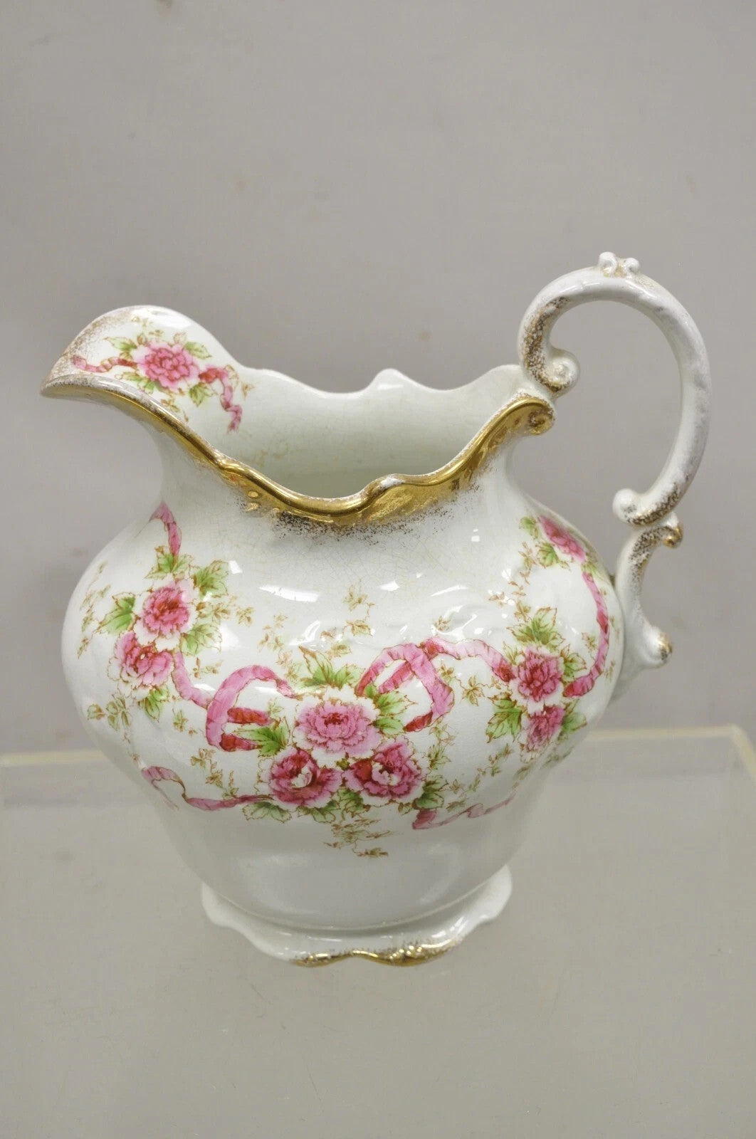 Antique WH Tatler Porcelain Pink Rose Flower Victorian Bath Wash Basin, 4 Pc Set