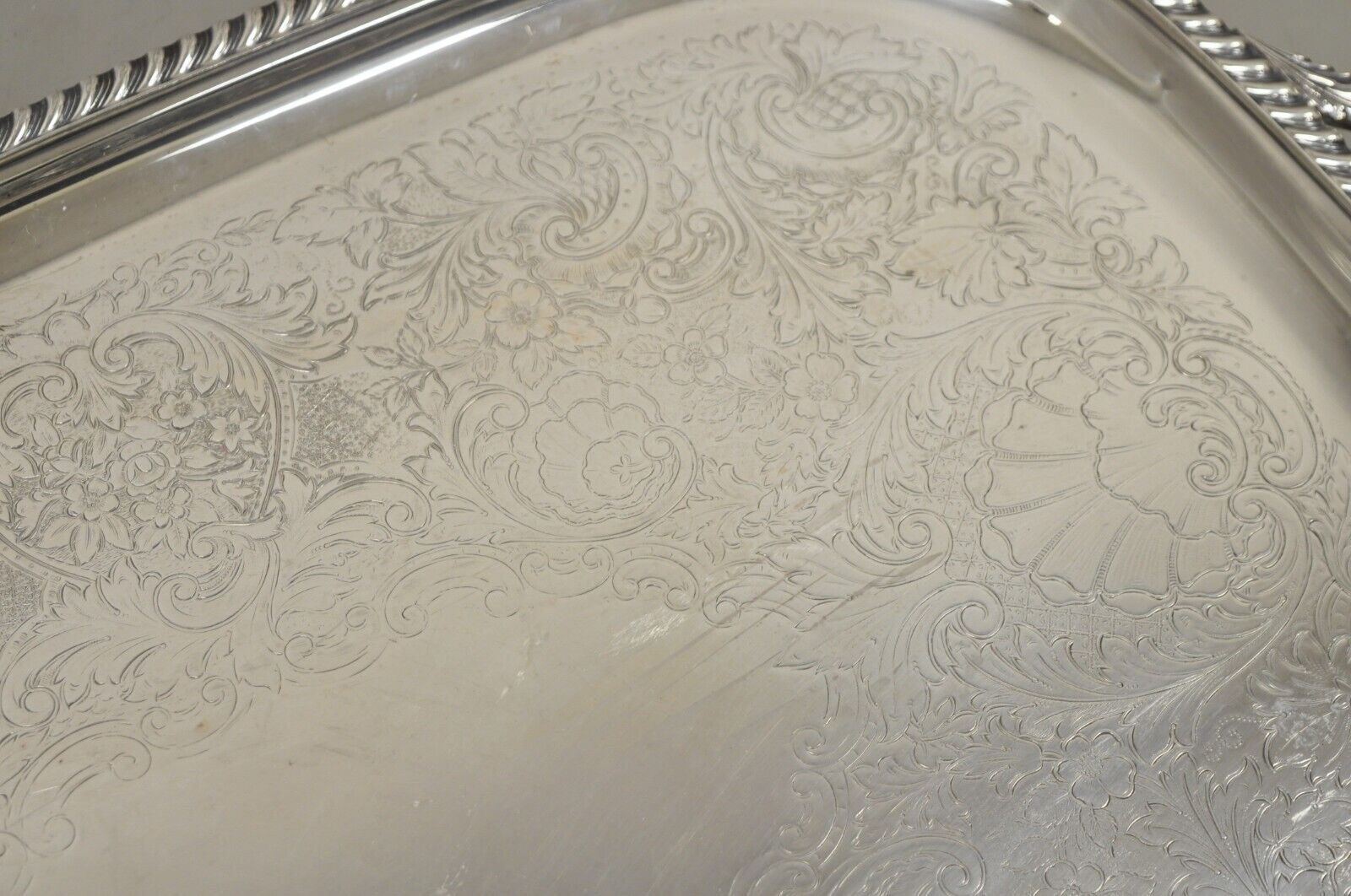 Vintage Victorian EPC Silver Plated Etched Twin Handle Serving Platter Tray