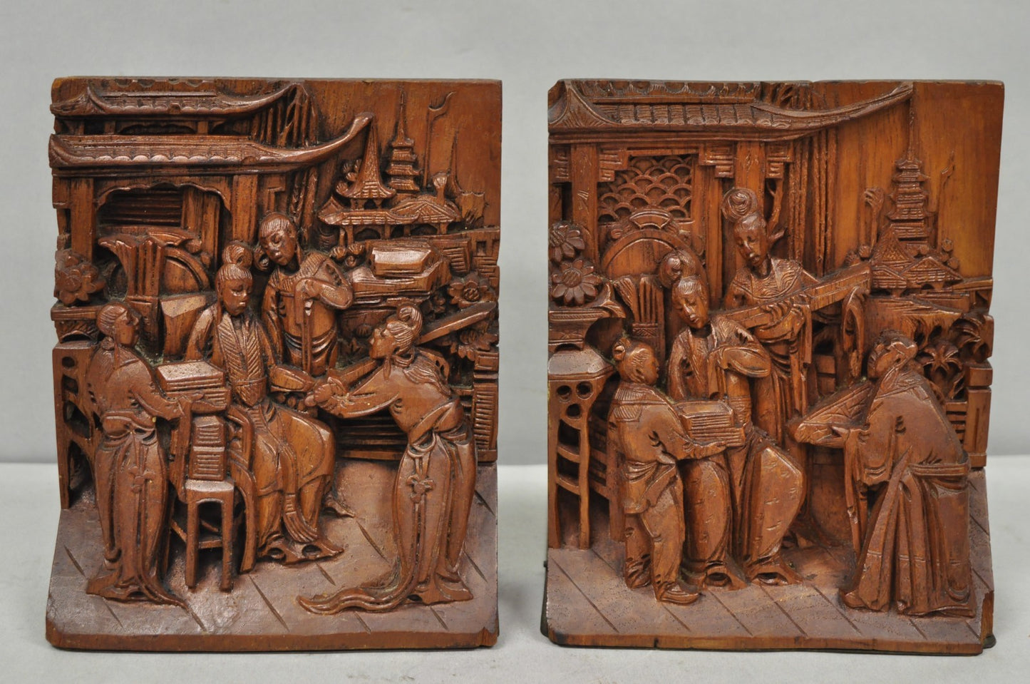 Vintage Chinese Hand Carved Hard Wood Scholar Bookends by George Zee - a Pair