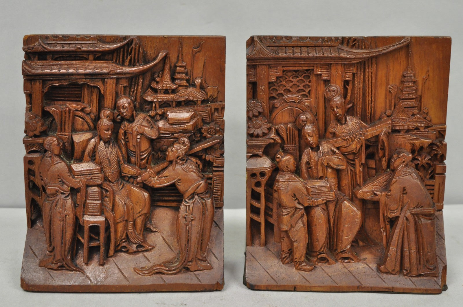 Vintage Chinese Hand Carved Hard Wood Scholar Bookends by George Zee - a Pair